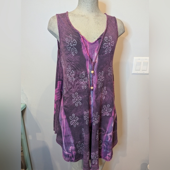 PAPA Vancouver rayon trapeze dress or tunic. Purple pink & white tie Dye, OS - Picture 5 of 11